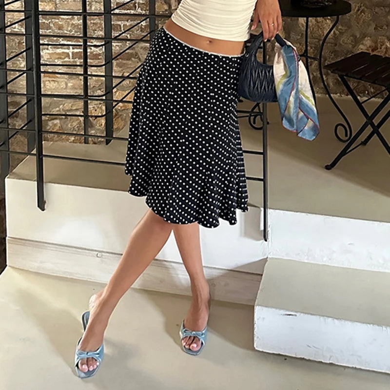 Aiertu  -  party look snspos Y2K Women Dot Print Classy Skirt High Street Ruffles Hem Wrap Mid Skirt Lady Elegant Spring Casual Vacation Outfits Aiertu