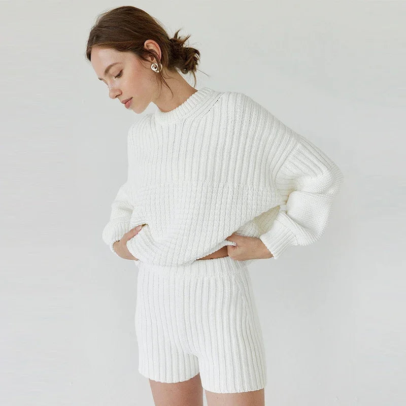 Aiertu  -  Solid Knitted Sweater Shorts Suit Women Casual Crochet O-neck Long Sleeve Pullover Short Pants 2026 Autumn New Lady Loose Outfit Aiertu