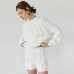 Aiertu  -  Solid Knitted Sweater Shorts Suit Women Casual Crochet O-neck Long Sleeve Pullover Short Pants 2026 Autumn New Lady Loose Outfit Aiertu