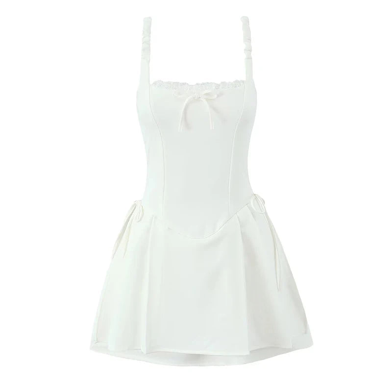 Aiertu  -  2025 Women Black White Elegant Party Sling Mini Dress Lace Trim A-line Mini Summer Dresses Bow Robe Aiertu