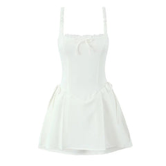 Aiertu  -  2025 Women Black White Elegant Party Sling Mini Dress Lace Trim A-line Mini Summer Dresses Bow Robe Aiertu