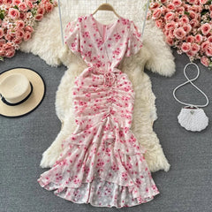 Aiertu  -  Sweet V Neck Butterfly Sleeve Print Vestidos Ruffles Lace Up Vintage French Style Dress Mermaid Drawstring Irregular Robe Aiertu