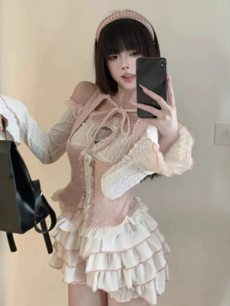 Aiertu  -  Sweet Japanese High Street Three Piece Sets Sexy Slim Hollow Out Lace Up Vest Slash Neck Patchwork Lace Top Y2k Tiered Skirts Aiertu