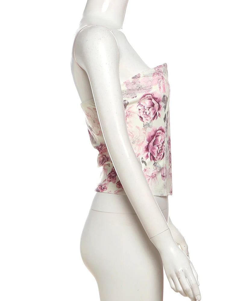 Aiertu  -  Sweet 2Piece Set Women Flower Print Single-Breasted Metal Buckle Wrap Mini Top+Patchwork Lace Folds Skirt Matching Suits Aiertu