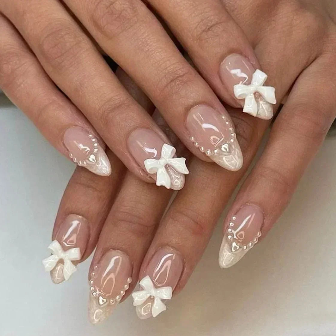 Aiertu 24Pcs Pink Almond French Press on Nails With 3D Bow ripple charms Design Fake Nails Ballerina False Nails Full Cover Nail Tips Aiertu