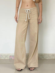 Aiertu  -Vintage Drawstring Tie Low-Waist Straight-Leg Pants aiertu