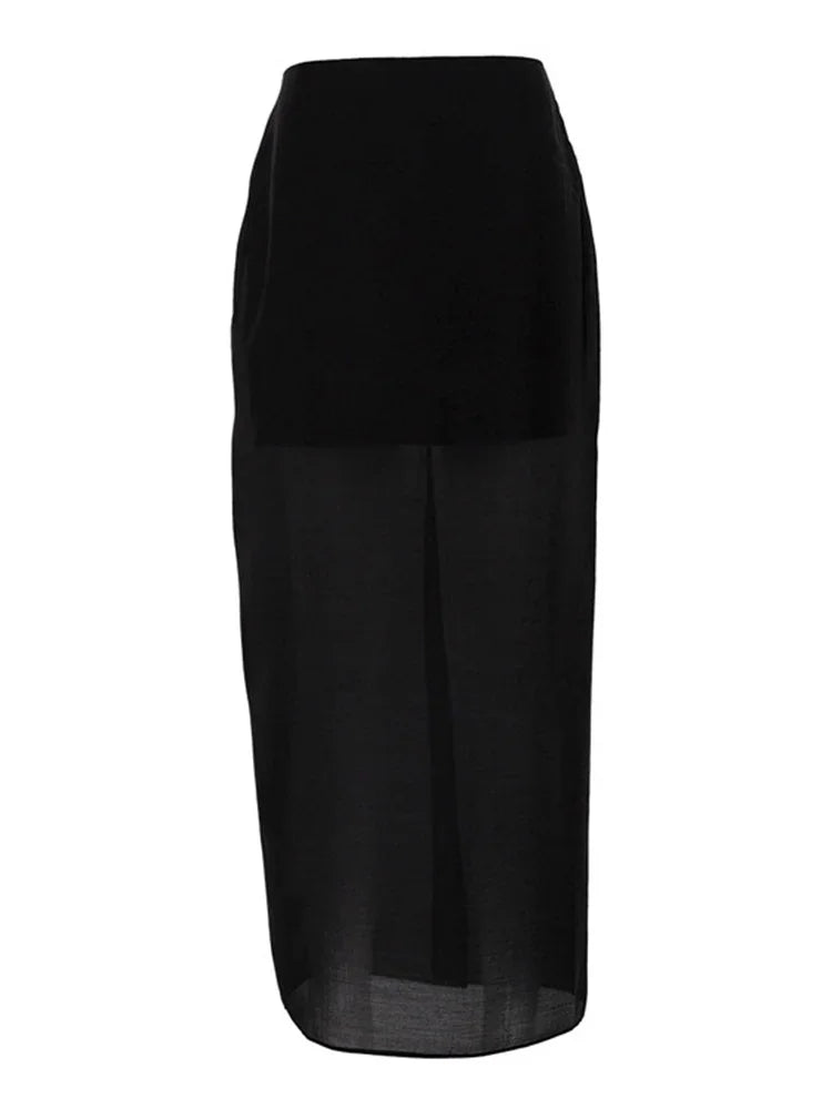 Aiertu  -  Summer Mesh See-Through Maxi Skirt Women High Waist Patchwork Slim Solid Y2k Clothes High Street Sexy Fashion Long Skirt Aiertu