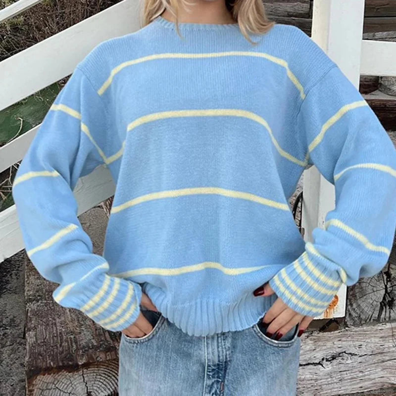 Aiertu  -  cold weather outfits Fashion Striped Women Sweater Y2K O-neck Loose Fit Jumper Top Preppy Style Casual Knitted Pullovers Korean Outfits Aiertu
