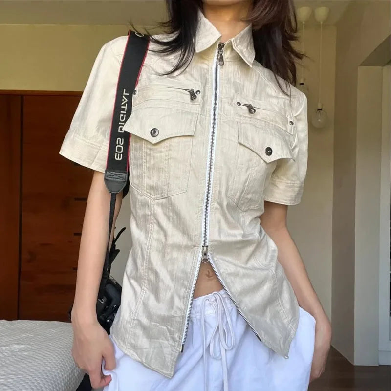 Aiertu  -  Pockets Zipper Short Sleeve Tops Y2k 2000s Style Shirts & Blouses for Woman Downtown Clothes P84-EE20 Aiertu