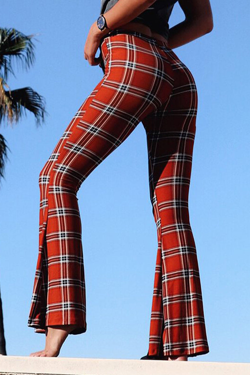Aiertu  -  Street Sportswear Plaid Patchwork Boot Cut High Waist Straight Full Print Bottoms Aiertu