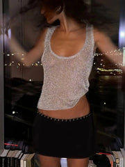 Aiertu  -  Summer Sliver See-Through Glitter Knitted Tank Tops Women Sexy O-neck Loose Sleeveless Vest Y2K High Street Tops 2025 New Aiertu