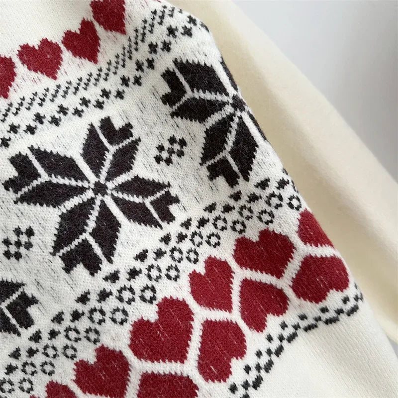 Aiertu  -  Vintage  Fair Isle Crew Neck Jumper Heart Pattern Knitted Pullovers Christmas Sweater Holiday Knitwear Autumn Women Outerwear Aiertu