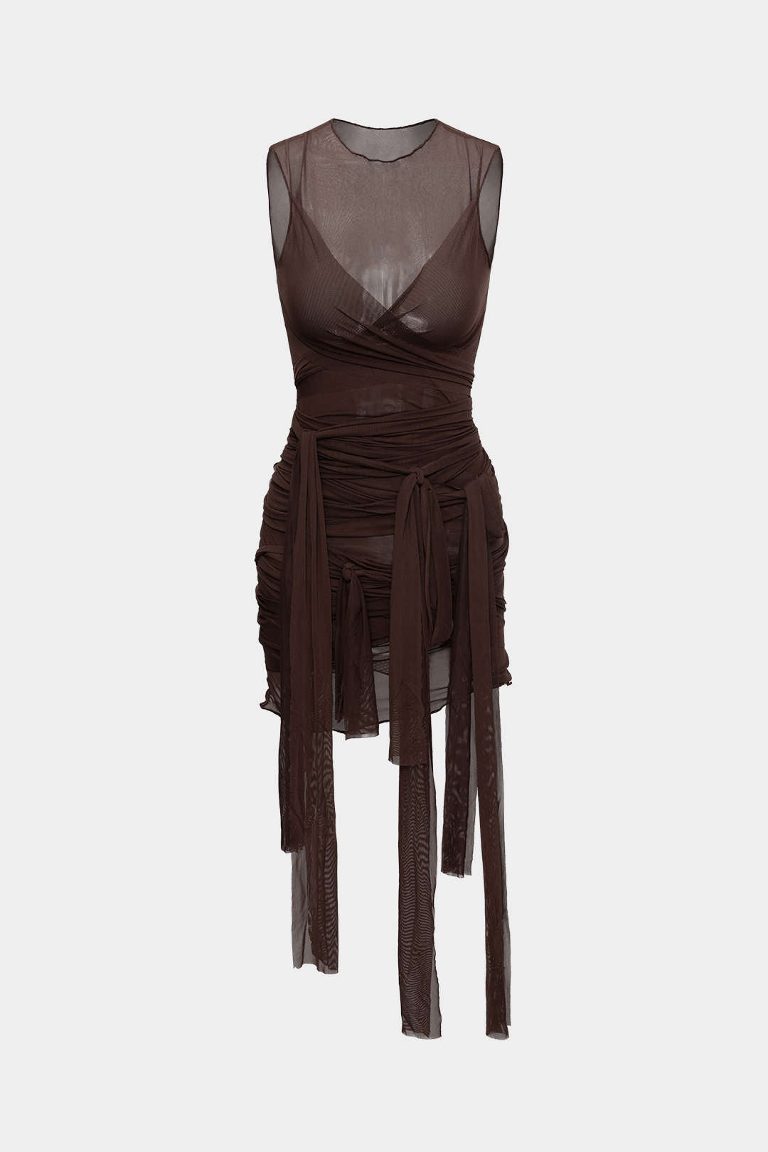 Aiertu  Sheer Mesh Wrap Tie Ribbon Mini Dress Aiertu