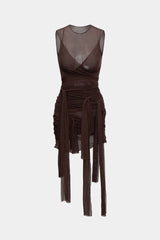 Aiertu  Sheer Mesh Wrap Tie Ribbon Mini Dress Aiertu