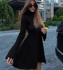 Aiertu  -  Long Sleeved Knitted Turtleneck Dress Women's Solid Color A-line Skirt Autumn Stylish Ladies Sweater Knee Length Dress Aiertu