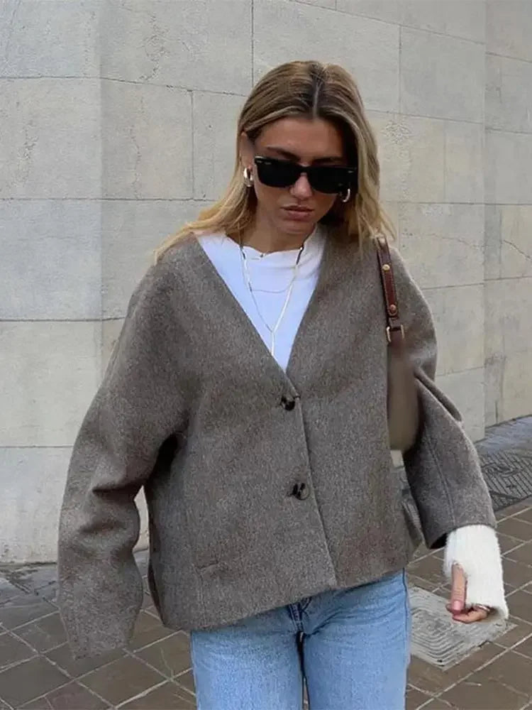 Aiertu  -  Chic Button Pockets V Neck Crop Jacket For Women Casual Solid Long Sleeves Short Coat 2026 New Autumn Lady Office Outerwear Aiertu