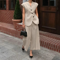 Aiertu  -  Khaki Suit Vest 2 Piece Set Spring V Neck Sleeveless Waistcoat+High Waist Pants Sets Elegant Fashion Casual Women's Suits New Aiertu