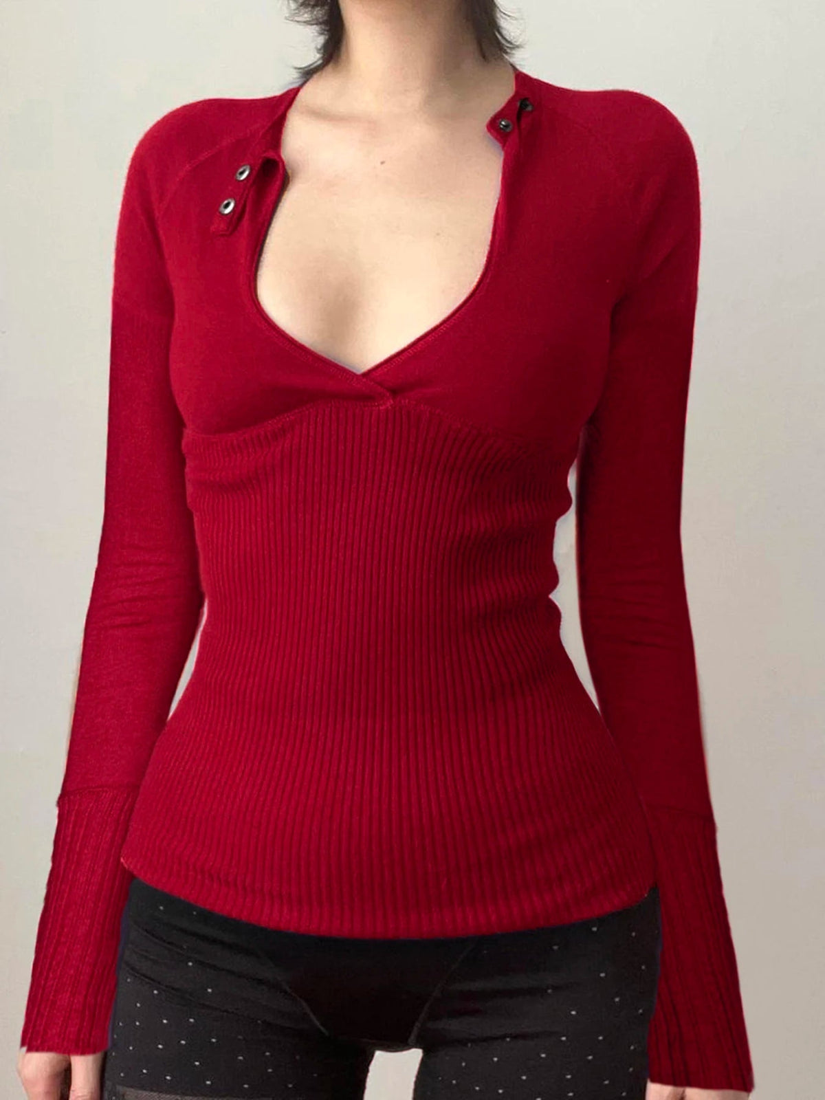 Aiertu  -  Retro Button-up Hollow Out Knitwear Shirts Women Casual Skinny Basic Long Sleeve Cropped Tops Streetwear Tee Shirt Lady Aiertu