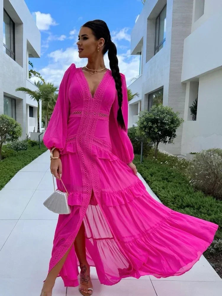 Aiertu  -  Autumn Winter Elegant Patchwork Dress Long Sleeve V-neck Ruffles Lace Maxi Dress Lady Party Holiday Streetwear Robes New Aiertu