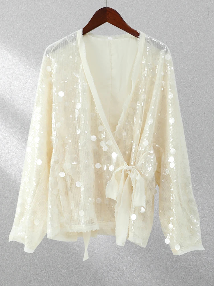 PICSGIRL - party look snspos Elegant Sequins Kimono Style Jacket For Women V Neck Long Sleeve Lace Up Thin Coats 2024 Autumn Female High Street Outerwear Aiertu