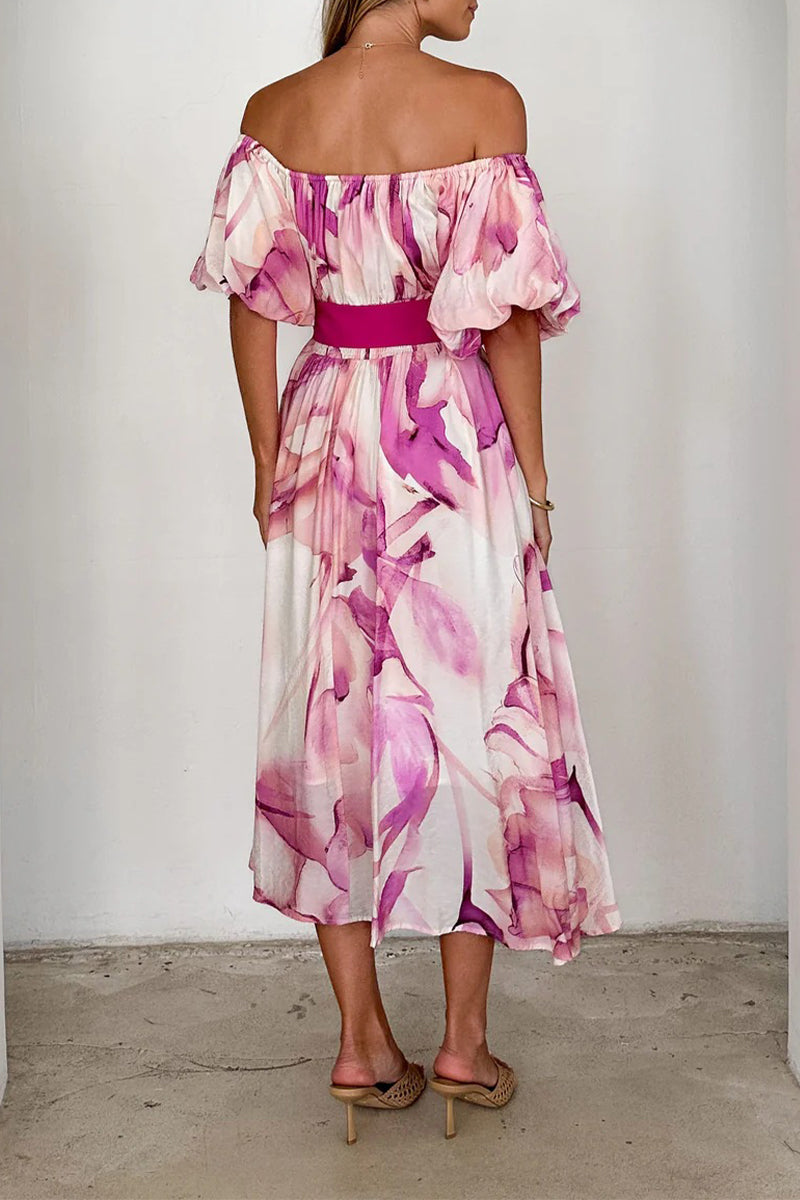 Aiertu  -Elegant Floral Print Lace Up Off Shoulder A Line Dresses aiertu