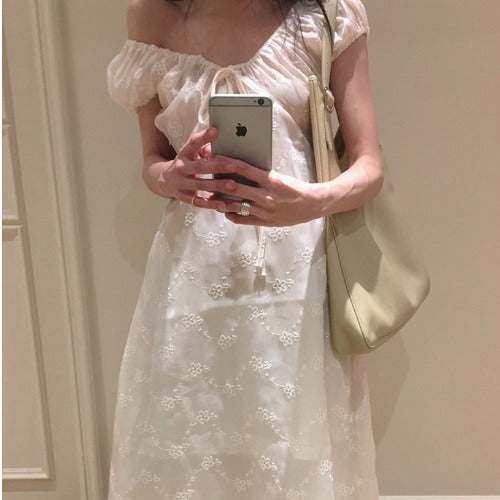 Aiertu  Ele Embroidered A-Line Dr Women's Summer Chic Bow-Tied Long Gown Gentle Sle Korean High Waist ort Sve V-Ne Aiertu