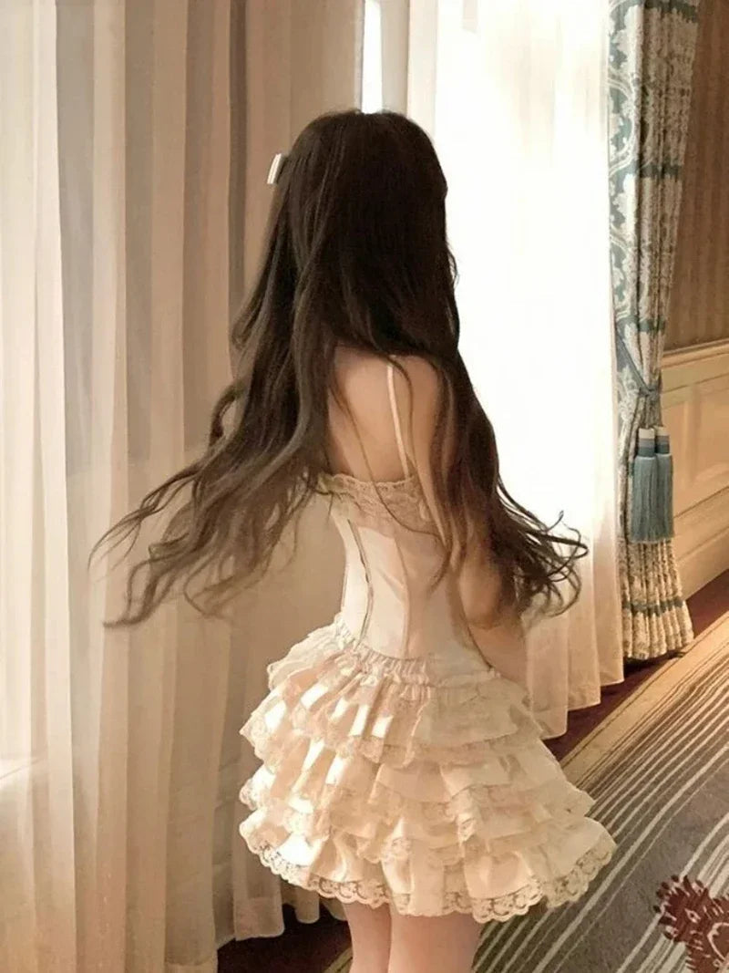 Aiertu  -  Y2K 2 Piece Sets Women Outfit Sexy Crop Lace Bandage Tank Tops + Ruffles Ball Gown Mini Skirt Summer Gyaru Design Clothes Aiertu