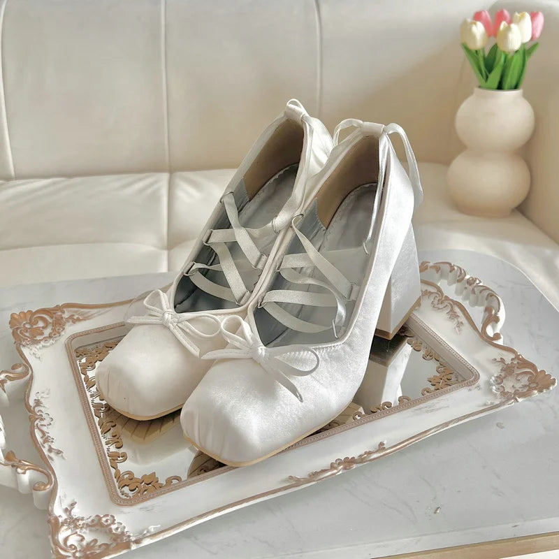Aiertu  -  Minuet Pink Mary Jane High Heels Lolita Thick Heel Satin Ribbon Ballet Sandals For Women Pumps Aiertu