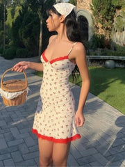 Aiertu  -  Y2K Cherry Printed Lace Patchwork Short Dresses for Women Casual Sexy V-neck Sleeveless Backless Slim Beach Vacation Dress White Aiertu