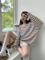 Aiertu  -  Harajuku Striped Knitwear T-Shirt V-neck Long Sleeve Contrast Color Tee Oversized Streetwear Korean Style Spring Clothes Aiertu