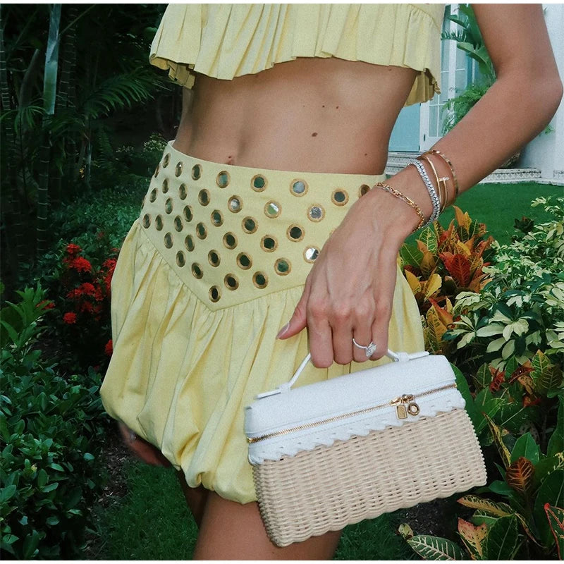 Aiertu  -  Fashion Sequin Skirt Set Women Sling Sleeveless Back Ruffle Hem Crop Tank High Waist Pleated A-line Mini Skirts Female Sets 2025 Aiertu