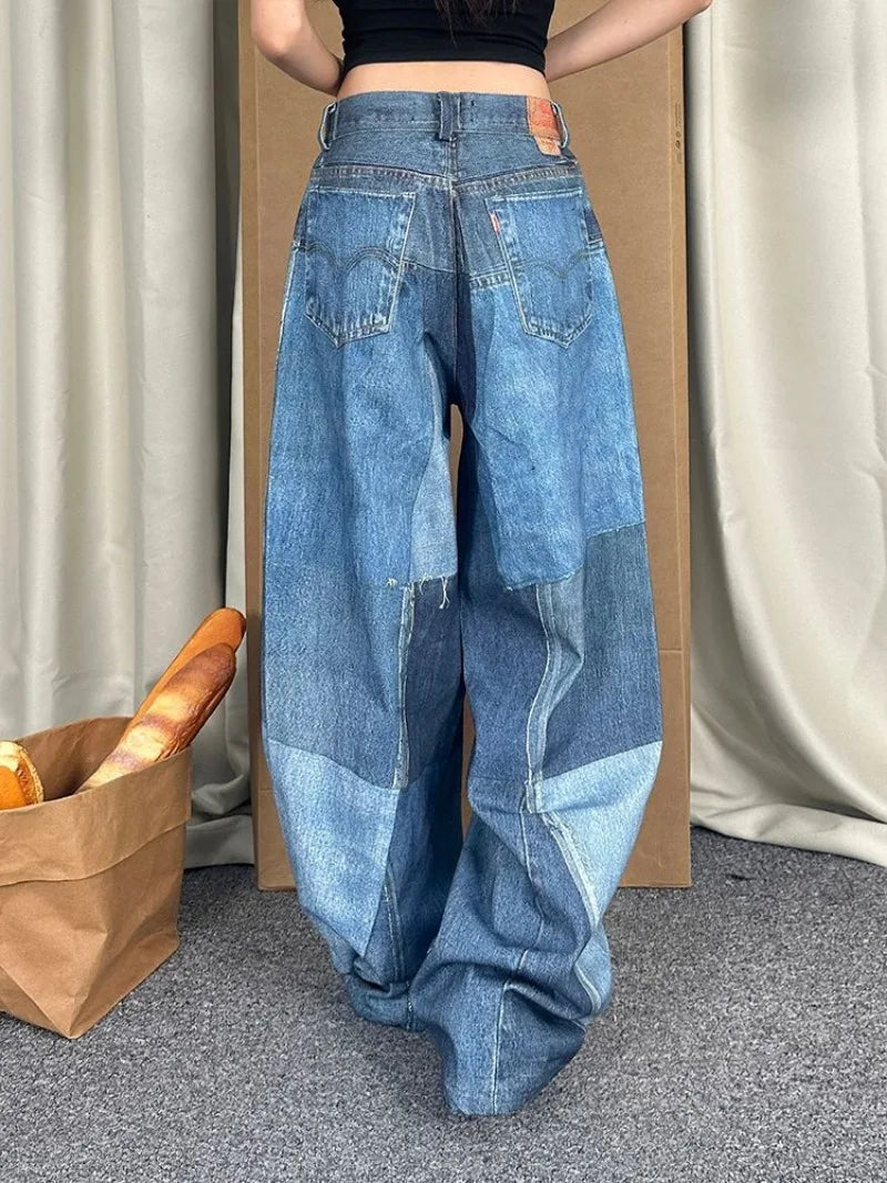 Aiertu  -  American Patchwork Design Patch Print Baggy Jeans Y2K Retro Blue Wash Loose Hot Girl Street Casual High Waist Wide Leg Jeans Aiertu