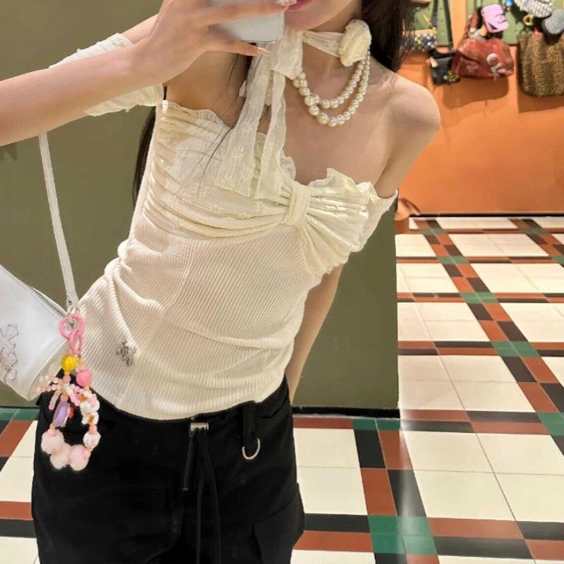 Aiertu  -  Sexy Modern Style Cross Draped Design Spliced Lace Shirts Korean Office Lady Slash Neck Elegant Tops Y2k with Scarf Streetwear Aiertu