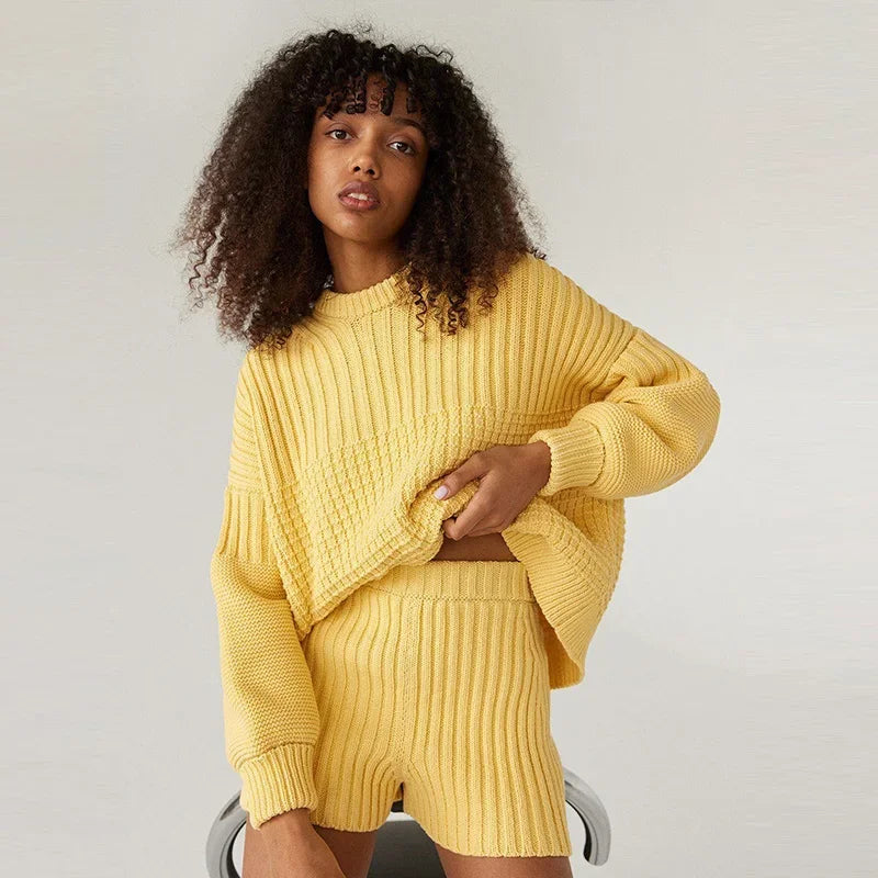 Aiertu  -  Knitted Solid Women Sweater Sets Crochet O Neck Full Sleeves Lady Pullover Set 2024 Autumn Casual Fashion Wide Leg Shorts Suit Aiertu