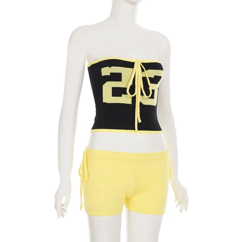 Aiertu  -  Knitted Graphic Tube Top and Shorts 2 Pieces Set Korean Streetwear Cute Outfits for Woman Summer Clothes P56-EZ24 Aiertu