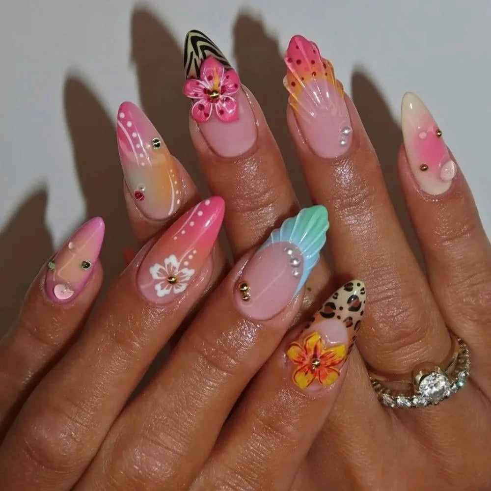 Aiertu  -  24PCS Summer Colorful Almond False Nail with 3D Flower Beach Paintings Press on Fake Nail Full Cover Wearable Manicure for Women Aiertu