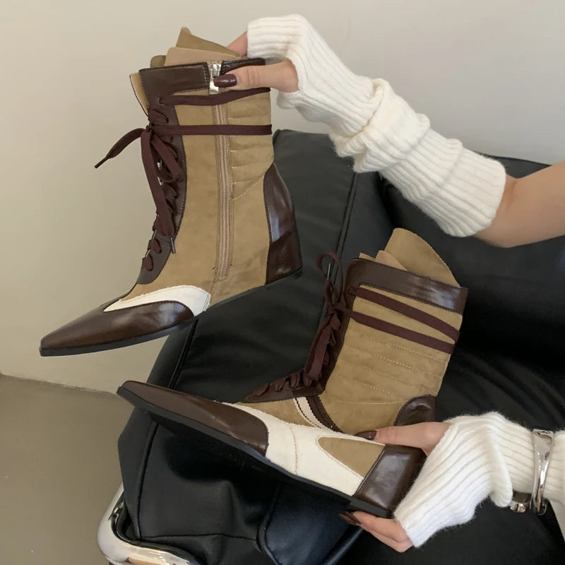 Aiertu    -  Black And White Boots Women Pointed Toe Lace Up Sports Style Wedges Shoe Fall Mid-calf Boots Comfort High Heels New Arrivals Aiertu