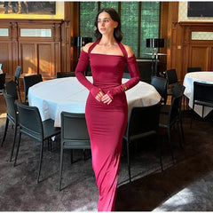 Aiertu  -  Sexy Solid Women Halter Dress Off Shoulder Long Sleeve Backless Slim Female Maxi Dresses 2025 Spring New Chic Elegant Lady Robe Aiertu