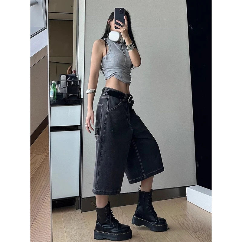 Aiertu  Women's Vintage Loose Wide Leg Street Denim Cropped Pants Summer Cargo Shorts Young Girl Casual Bottom Female Calf-length Pants Aiertu