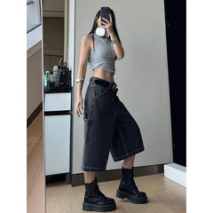 Aiertu  Women's Vintage Loose Wide Leg Street Denim Cropped Pants Summer Cargo Shorts Young Girl Casual Bottom Female Calf-length Pants Aiertu