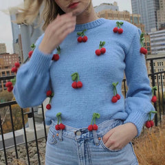 Aiertu  -  hand-made cherry sweater women vintage crochet blue pullovers autumn winter streetwear casual oversized sweater 2026 Aiertu