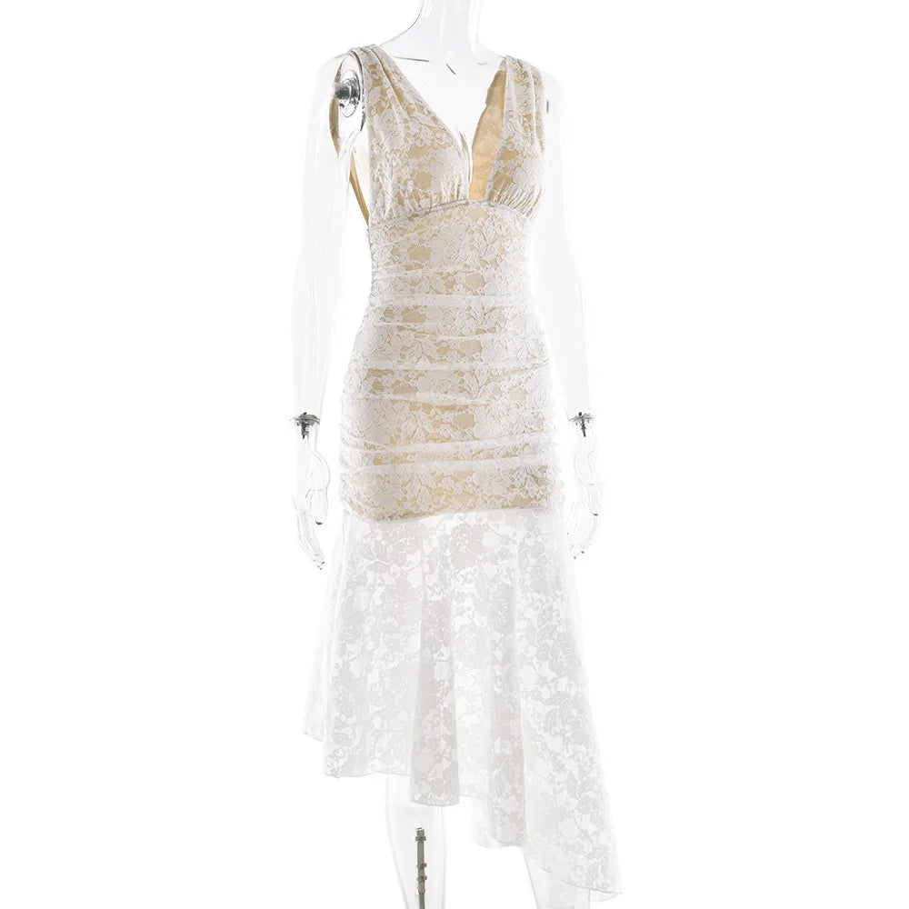 Aiertu  -  Elegant Lace Patchwork Dress For Women 2026 Sexy New V-neck Lace Long Dress Summer Sleeveless Backless Partywear Aiertu