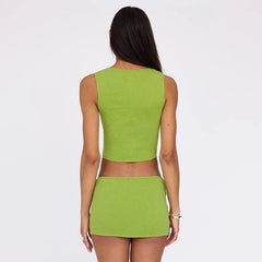 Aiertu  -  Round Neck Sleeveless Green Buttons Crop Top Mini Hip Skirt Summer Urban Leisure Sweet Flirtation Chic Two Pieces Set Aiertu