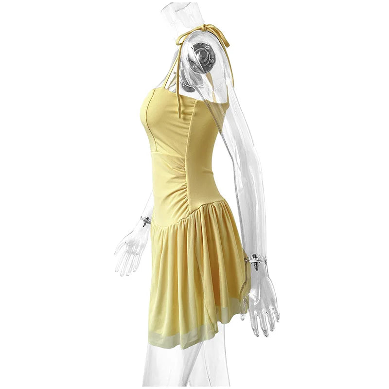 Aiertu  -  Summer Sleeveless Lace-up Backless Dress Women Elegant Pleat Mini Vestidos Casual Party Beachwear Yellow Ruffled Sling Chic Aiertu