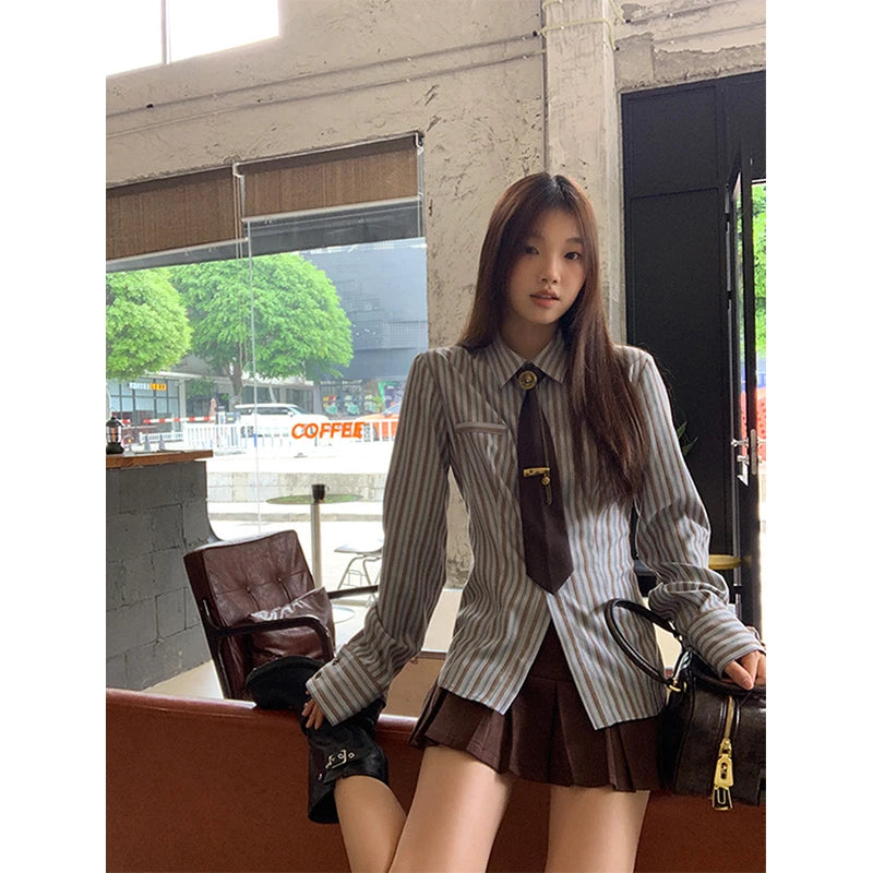 Aiertu Y2K Harajuku Striped Shirts Women Vintage Streetwear Tie Long Sleeve Blouses Korean Preppy Slim All Match Tops Spring New Aiertu