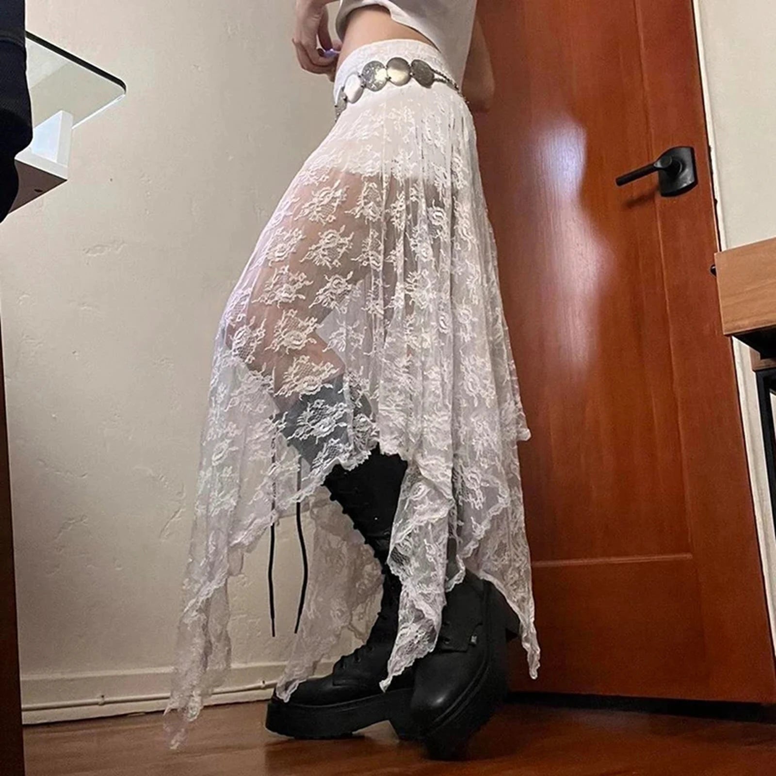 Aiertu  -  Women Solid Color Elastic Lace Skirt Casual Summer Sheer Irregular A-Line Skirt for Vacation Club Streetwear Aesthetic Clothes Aiertu