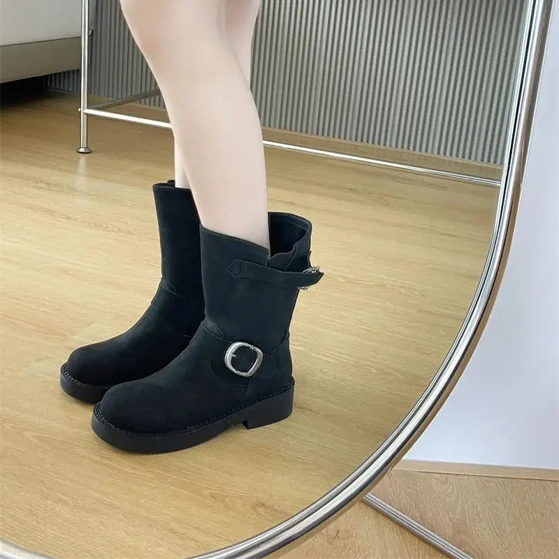 Aiertu    -  Black Ankle Boots For Woman Round Toe Chunky Heels Short Shoes Comforts Platforms Boots Belt Buckle Fall Shoes Botas De Mujer Aiertu