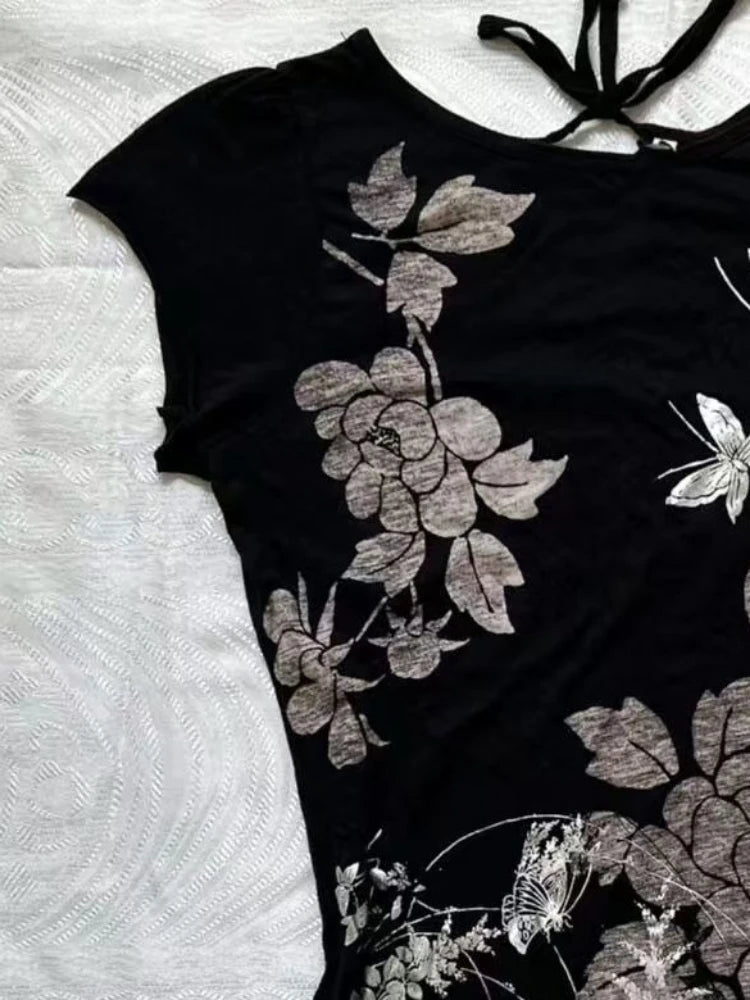 Aiertu  -  Y2k Aesthetic Vintage Flower Printing T-shirt 2025 Summer Backless Bandage Streetwear Tops Harajuku Sexy grunge Fairy Tshirts Aiertu