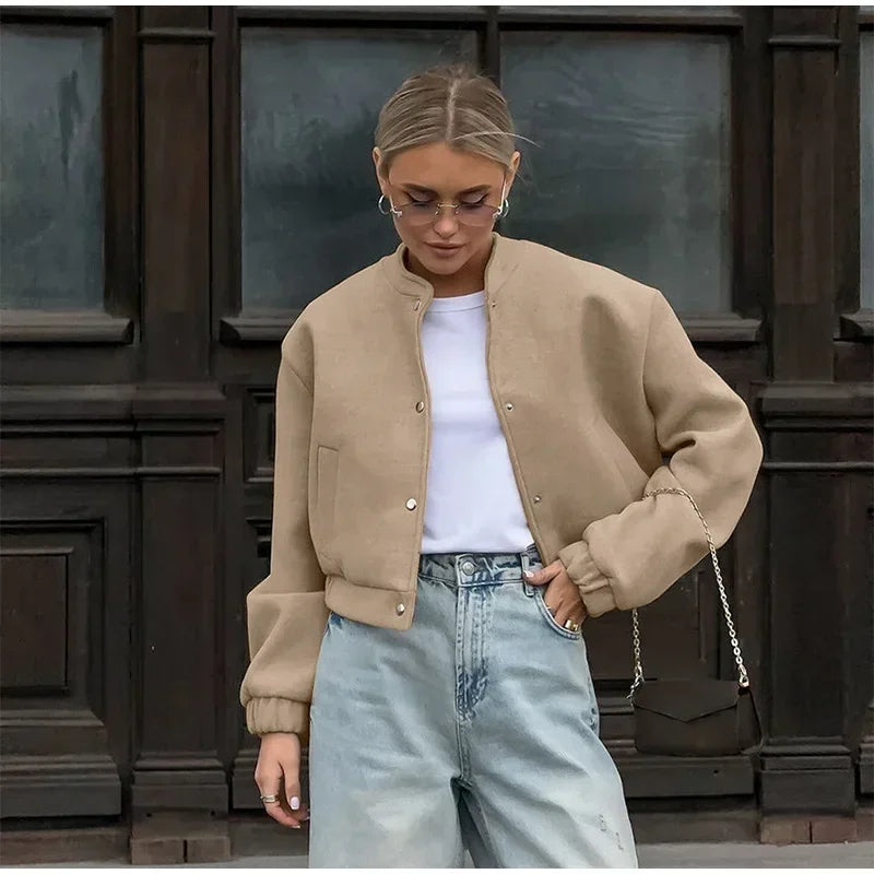 Aiertu  -  Casual Short Bomber Coats Women Loose O-neck Long Sleeve Single Breasted Jacket 2026 Autumn New Lady Vintage Solid Tops Outwear Aiertu