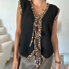 Aiertu  -  Women Leopard Knitted Tie Front Vest Cheetah Print Open Front Cardigan Fall Sleeveless Contrast Sweater Tank Tops Aiertu